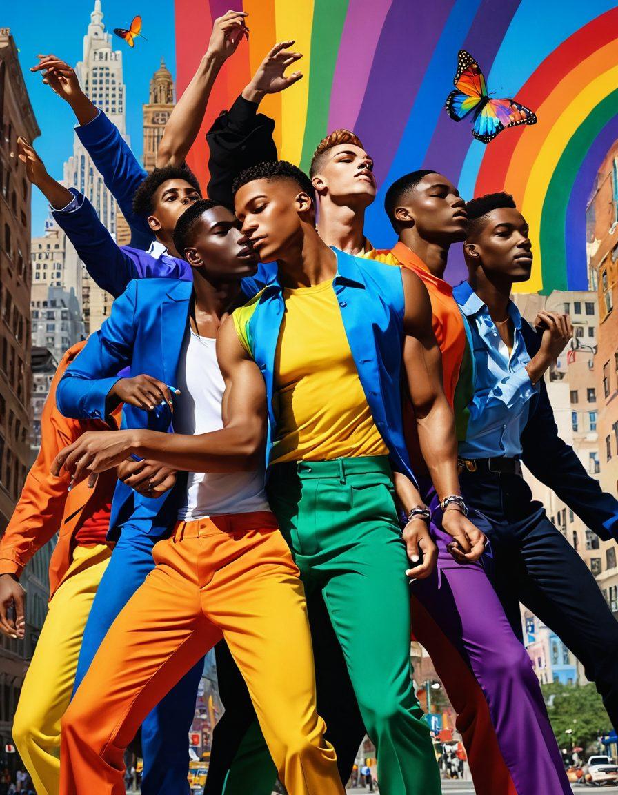 A vivid and colorful collage of male figures from diverse backgrounds expressing themselves through various art forms such as painting, dance, and fashion. Incorporate symbols of LGBTQ pride like rainbows and butterflies, set against a backdrop of an artistic cityscape. Capture the essence of intimacy and self-expression with swirling colors and dynamic poses. super-realistic. vibrant colors. expressive brushstrokes.